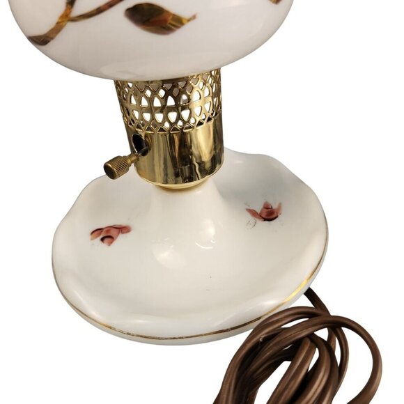 Vintage White Milk Glass Table Lamps With Pink Rose Floral Design & Brass Accent - Picture 16 of 16